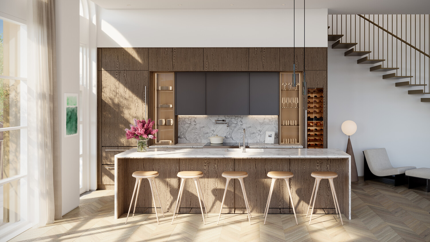 a view of dining room kitchen with furniture and wooden floor