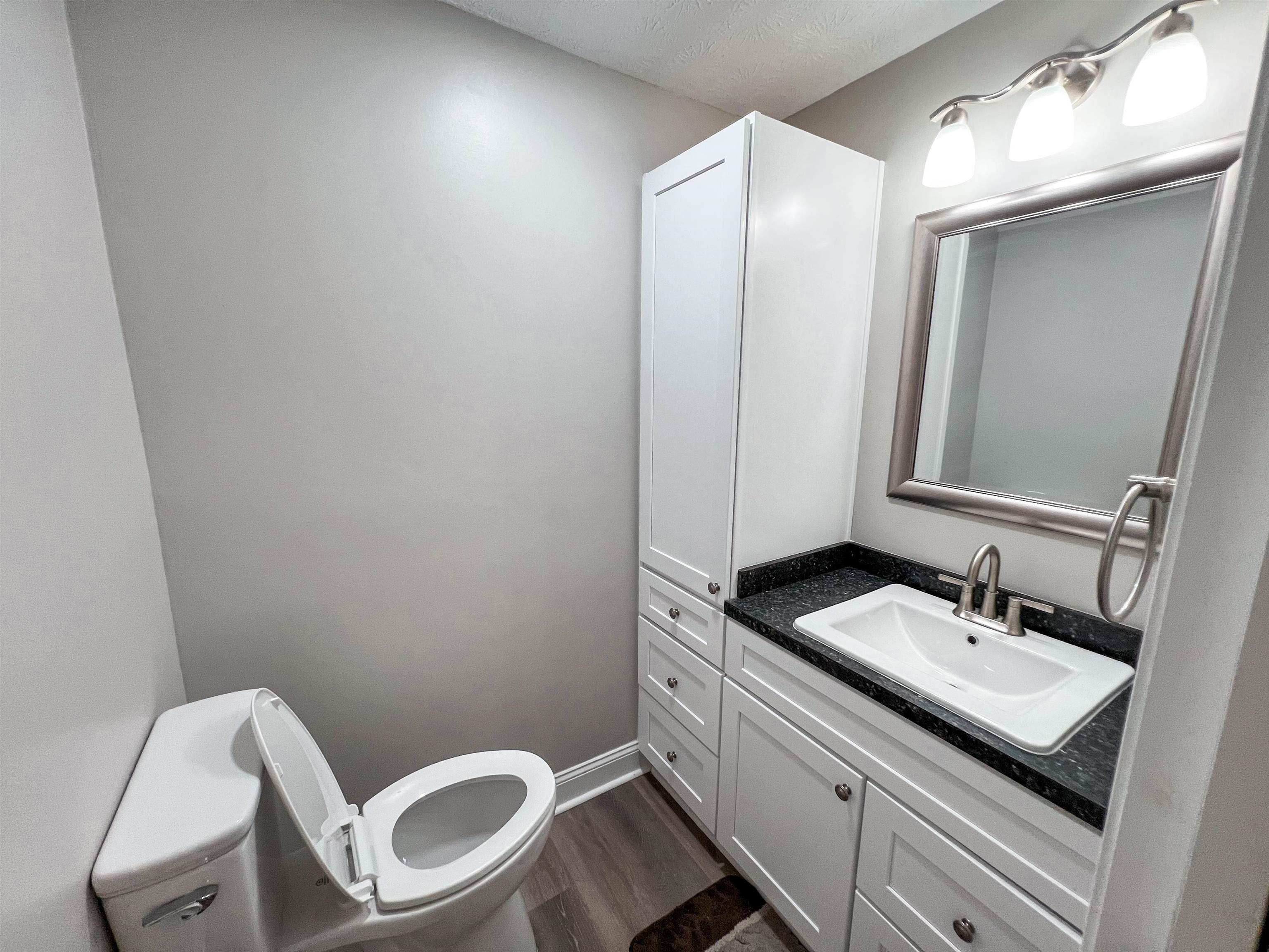 202 Morris Street Waynesboro, TN 38485 - Photo 31 of 36 Half bath with vanity, wood finished floors, and a textured ceiling