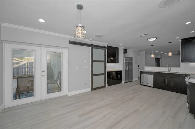 a view of a livingroom with furniture and a table