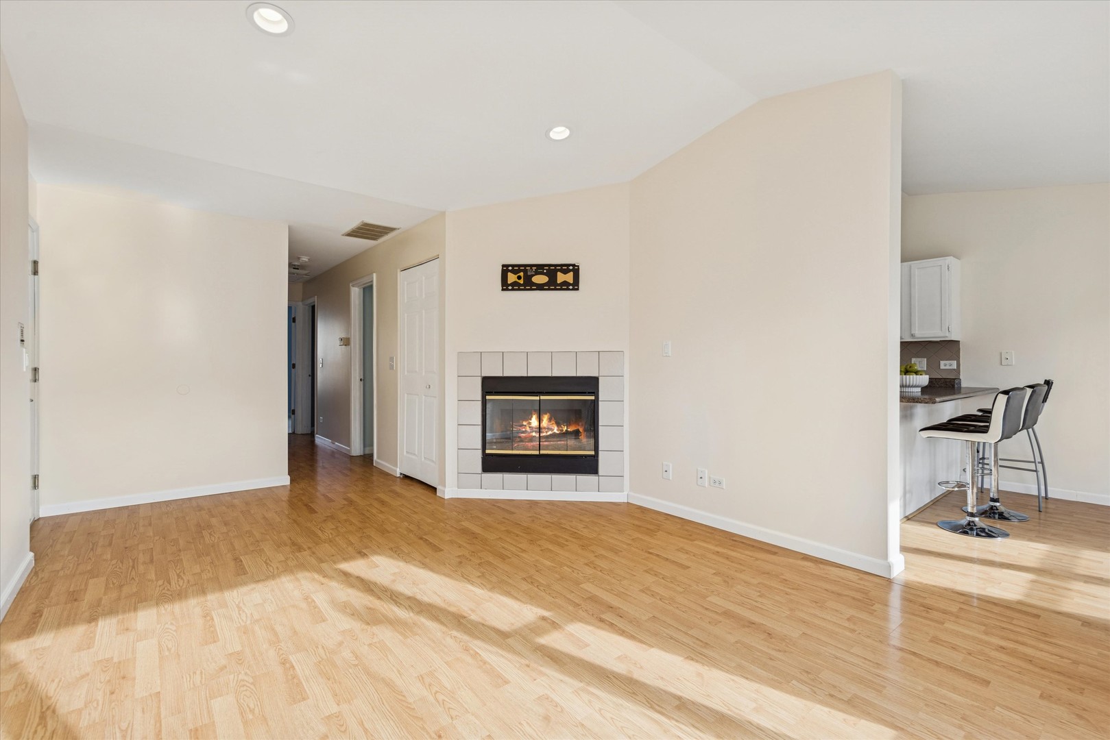 1101 Yorkshire Court, Unit C Elgin, IL 60120 - Photo 3 of 19 a view of a livingroom with a fireplace and workspace