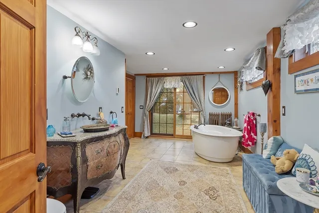 a living room with a couch and a table