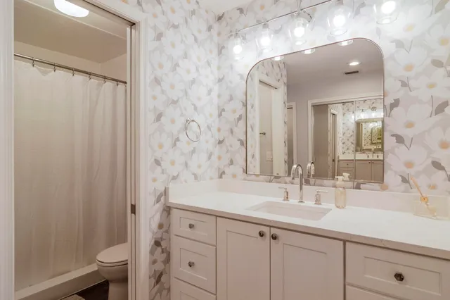 a bathroom with a sink a toilet and a mirror