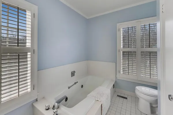 a bathroom with a bathtub and a toilet