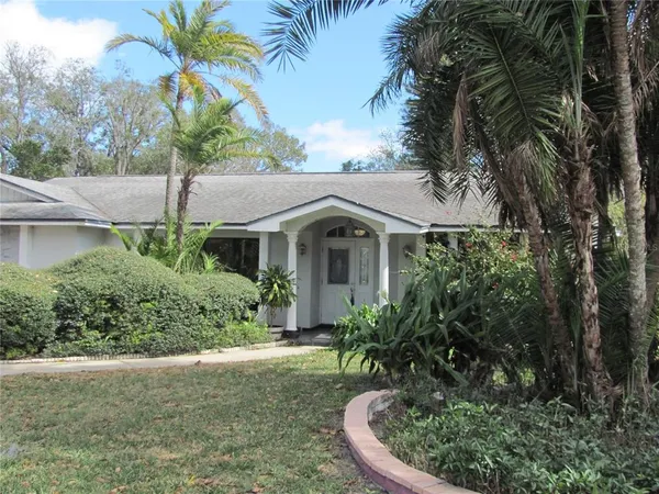 a aerial view of a house with a yard and potted plants