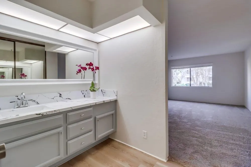 5665 Friars Road, Unit 219 San Diego, CA 92110 - Photo 19 of 34 a en suite bathroom with 2 sink flowerpot and a mirror