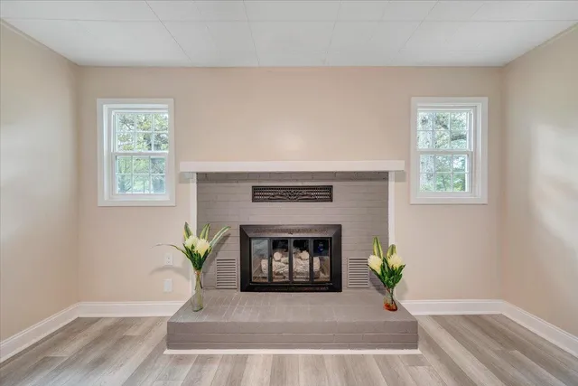 a living room with a fireplace and a potted plant