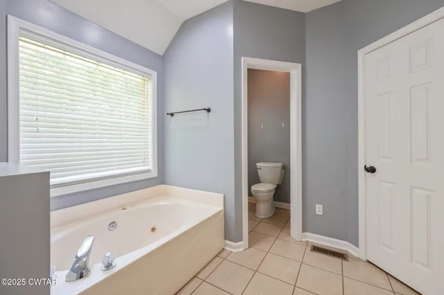a bathroom with a bathtub and a toilet