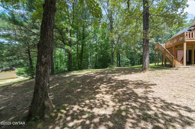 a backyard of a house with lots of green space and chair