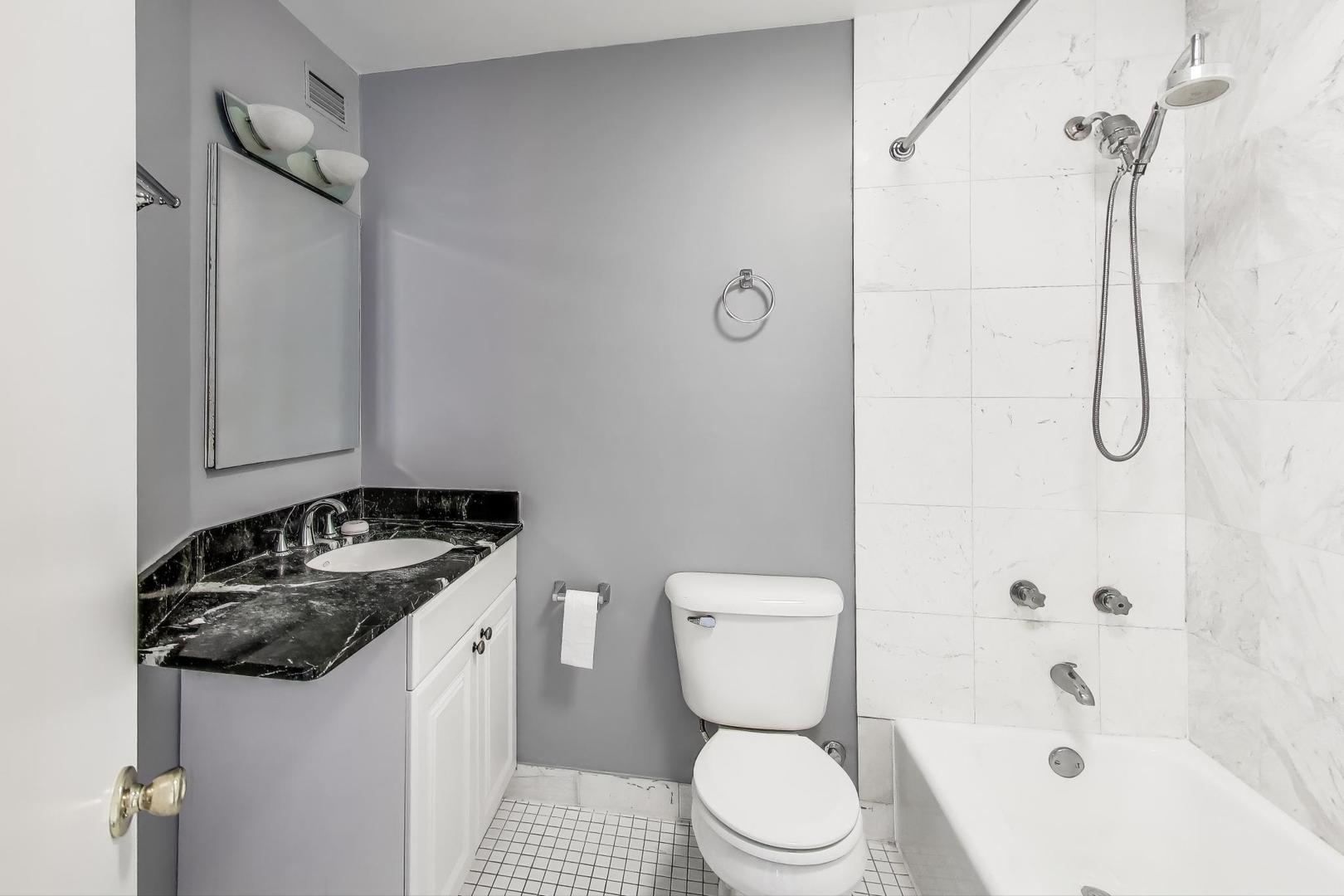 5415 North Sheridan Road, Unit 1401 Chicago, IL 60640 - Photo 23 of 46 a bathroom with a granite countertop sink toilet and shower