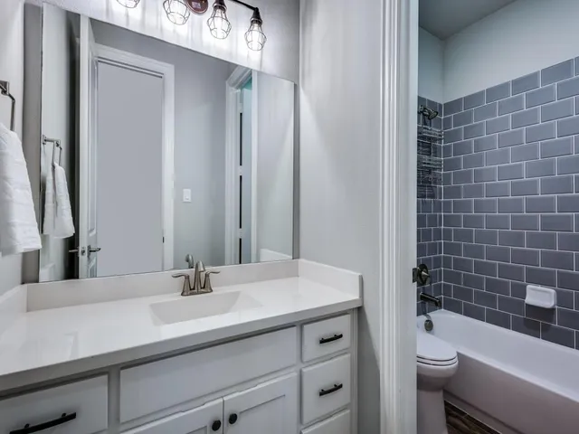 a bathroom with a double vanity sink toilet and a mirror