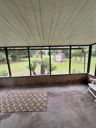 a view of a park with large trees