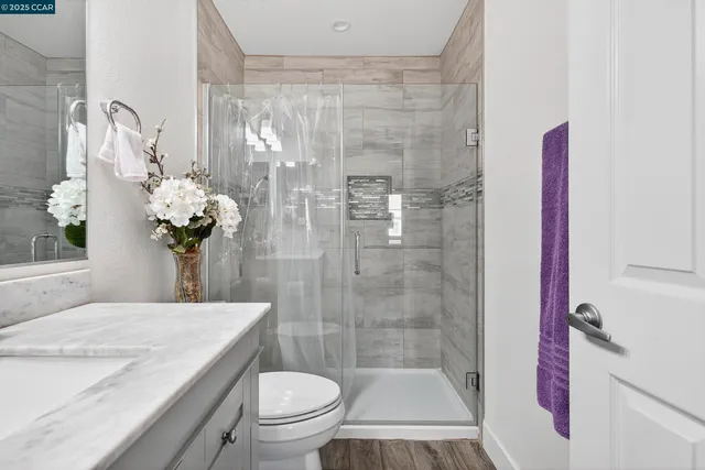 a bathroom with a granite countertop shower a toilet and a sink