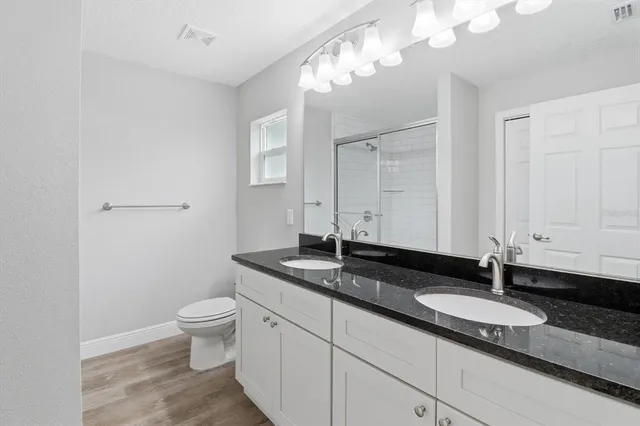a bathroom with a granite countertop sink a toilet and a mirror