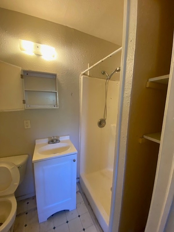 523 South Rio Grande Street Lockhart, TX 78644 - Photo 7 of 16 Full bathroom featuring a stall shower, vanity, a textured wall, and light floors