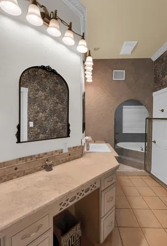 a bathroom with a sink a vanity and a mirror