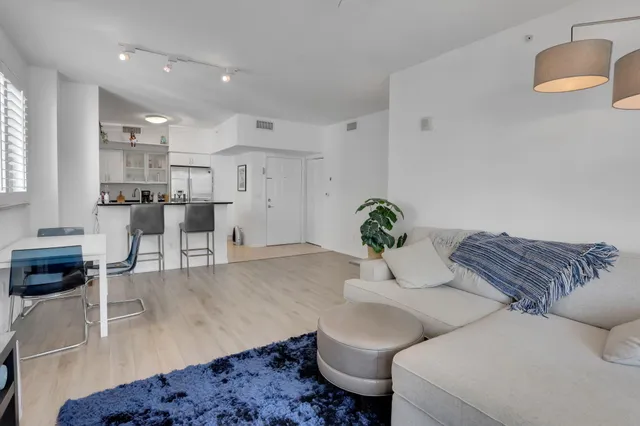 a living room with furniture and a potted plant
