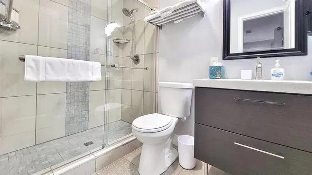 a bathroom with a toilet sink and mirror