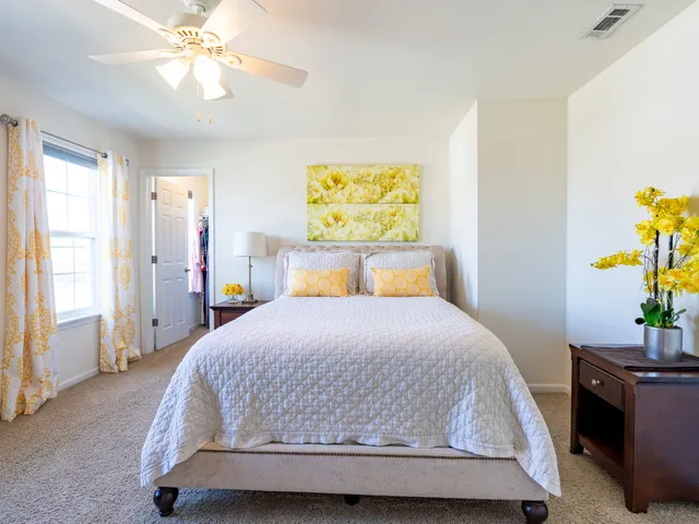 a bedroom with a bed and ceiling fan