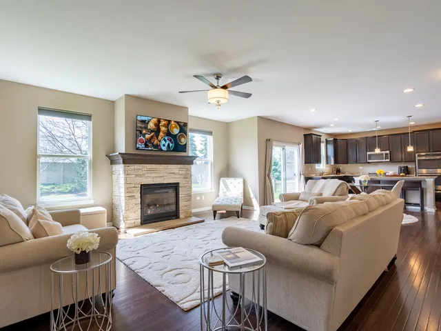 a living room with furniture a fireplace and a flat screen tv