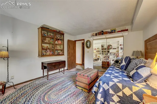 a bedroom with furniture and a rug