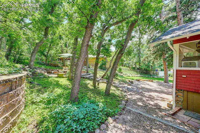 a view of a chairs and table in the backyard