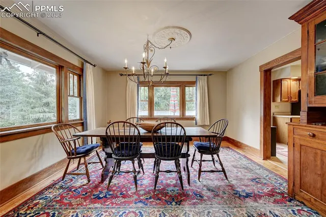 a view of a dining room with furniture window and outside view