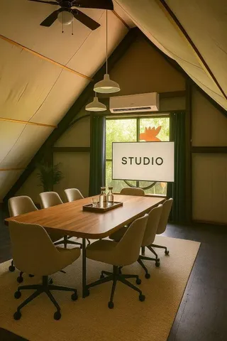 a view of a room with a table and chairs