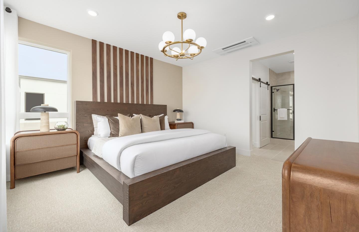 400 Tonkin Terrace, Unit 4 Sunnyvale, CA 94089 - Photo 14 of 17 a bedroom with bed and a chandelier