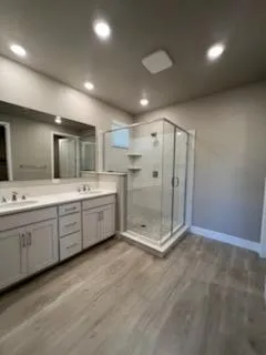 a bathroom with a double vanity sink double mirror and shower