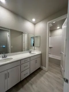 a bathroom with a double vanity sink mirror and shower
