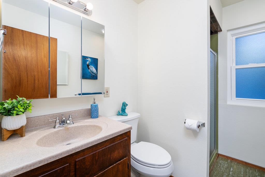 101 Lilly Way La Selva Beach, CA 95076 - Photo 50 of 57 a bathroom with a granite countertop sink a toilet and a large mirror