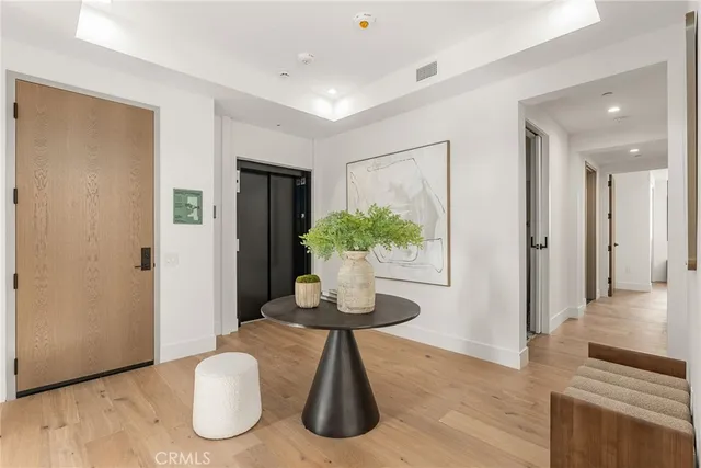 a hallway with a potted plant
