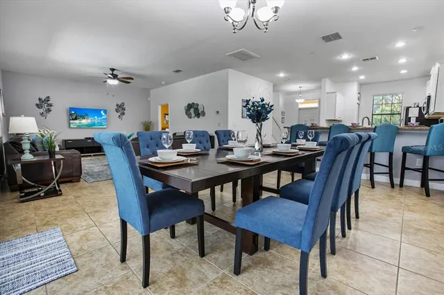 a view of a dining room with furniture