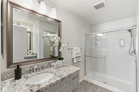 a bathroom with a granite countertop shower sink and mirror