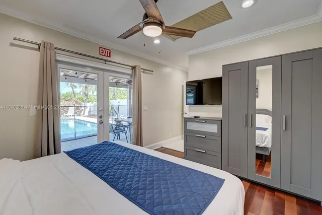 a bedroom with a bed and a flat screen tv