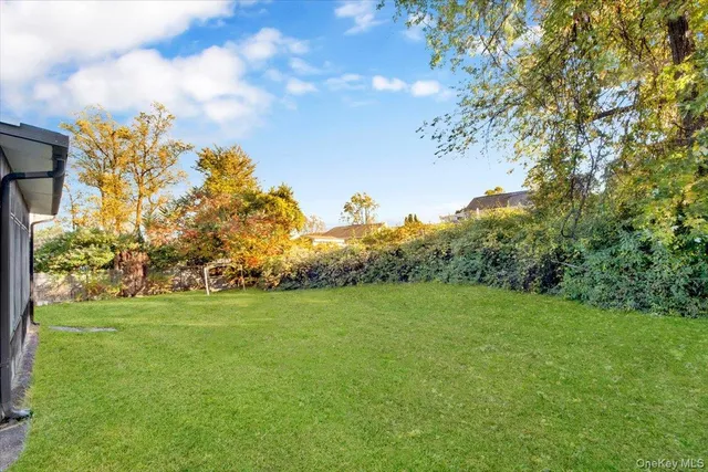 a view of a field with trees in the background