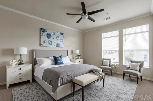 a bedroom with a large bed and a couch