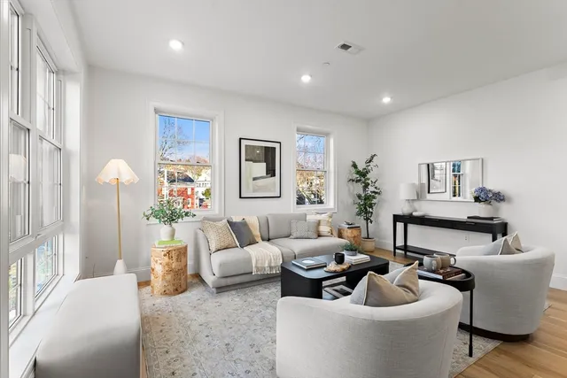 a living room with furniture and a potted plant