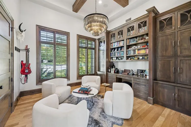 a view of a dining room with furniture