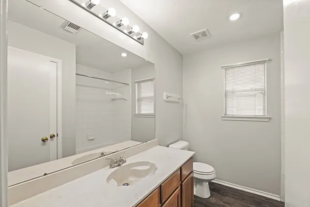 a bathroom with a sink vanity granite toilet and a mirror