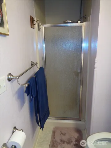 a bathroom with a shower and a toilet
