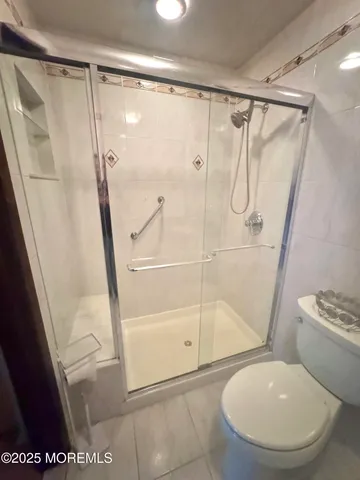 a bathroom with a shower and a toilet