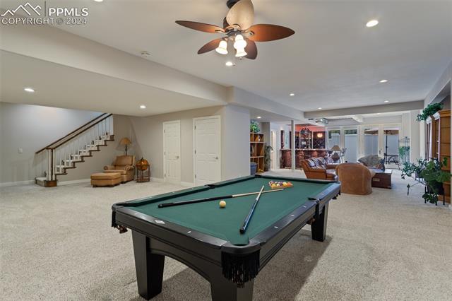 8 Pine Road Colorado Springs, CO 80906 - Photo 14 of 19 Game room featuring light carpet, ceiling fan, french doors, and pool table