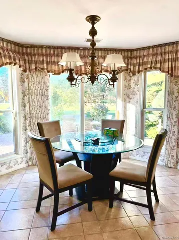 a view of a dining room with furniture window and outside view