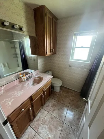 a bathroom with a sink a toilet and mirror