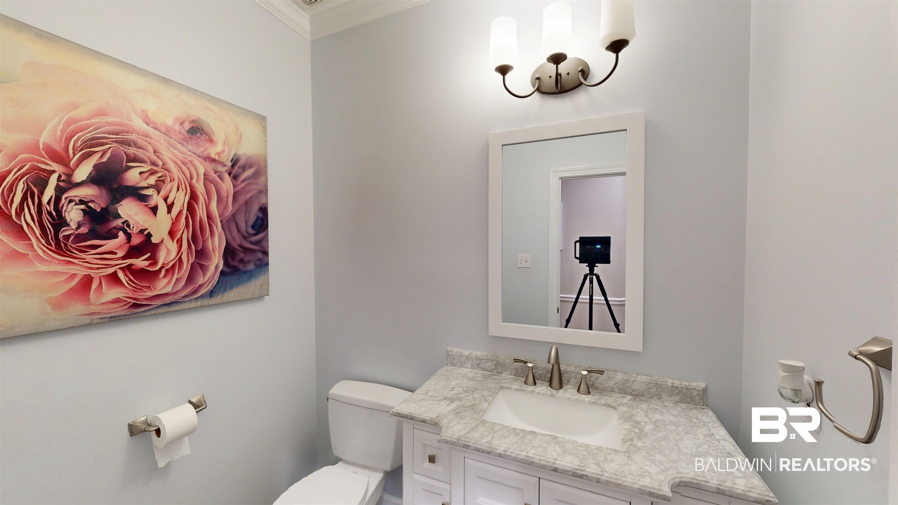 8775 Dawes Lake Road North Mobile, AL 36619 - Photo 35 of 59 Half bath with vanity and ornamental molding