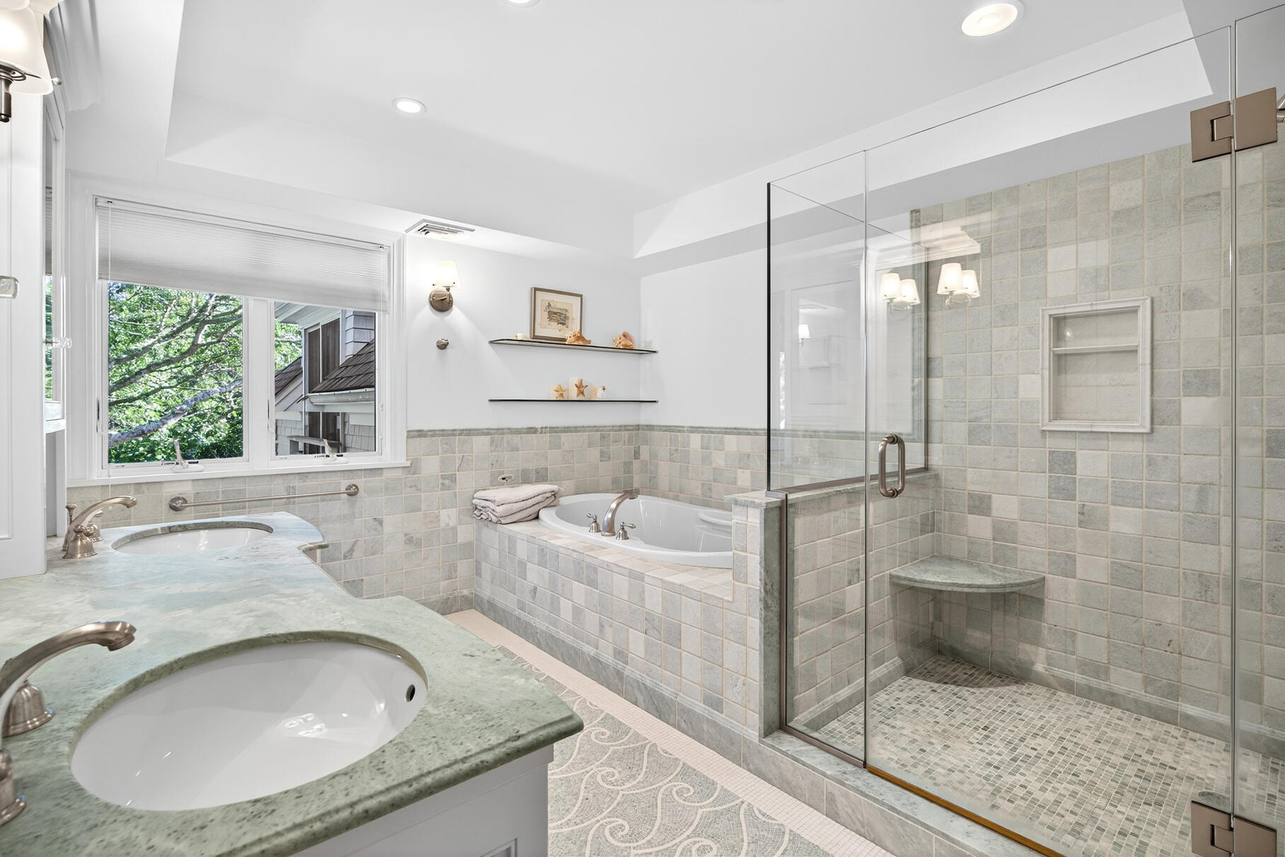 33 Pasture Road Cataumet, MA 02534 - Photo 59 of 90 a bathroom with a granite countertop sink a mirror and shower