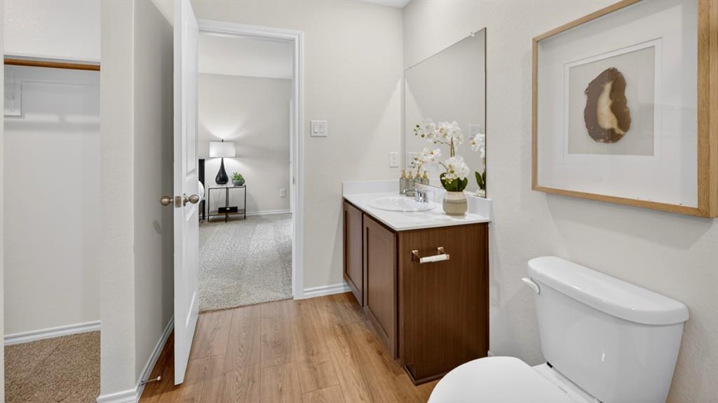 3514 Spring Time Street Terrell, TX 75126 - Photo 18 of 26 Bathroom featuring a single vanity with storage, a rectangular mirror, and wood-finish flooring
