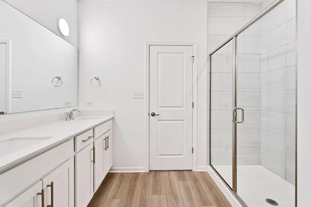 a bathroom with a sink a mirror and a shower