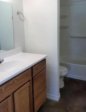 a bathroom with a sink vanity and toilet